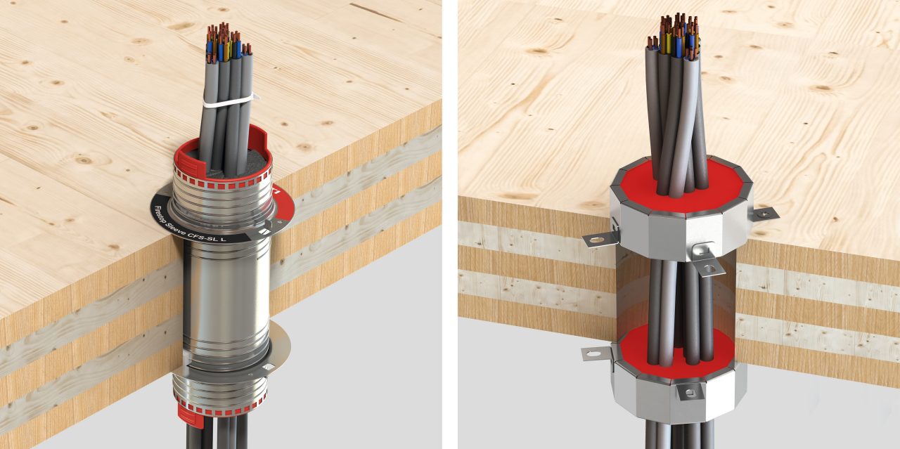 Doorsnede van een houten plafond met een CFS-SL brandwerende manchet en een CFS-CC brandwerende kabelmanchet rond kabels (elektrische aansluitingen)