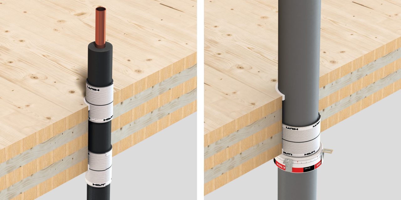 Doorsnede van een houten plafond met een CFS-B brandwerende bandage en een CFS-C EL brandwerende manchet op rol rond leidingen in metaal en plastic (mechanische toepassingen)