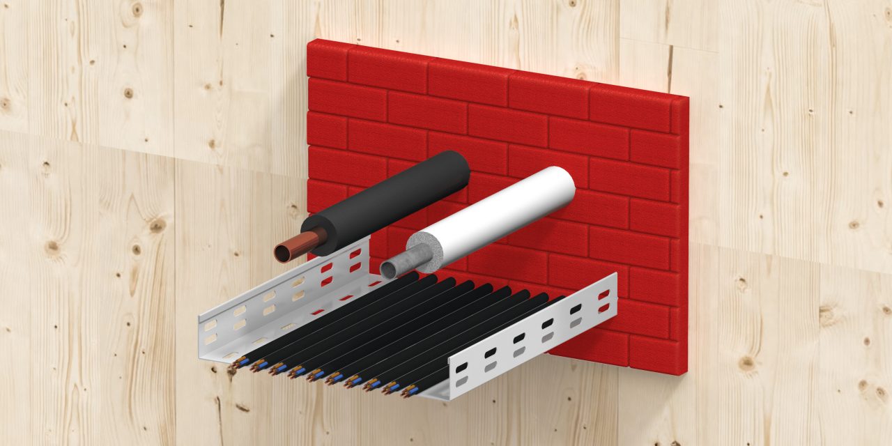 Doorsnede van een houten plafond met CFS-F FX brandwerend schuim rond leidingen, kabels en kabelgoten (grote openingen)