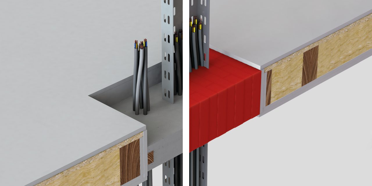 Vergelijking tussen de traditionele oplossing met mortel (links) en de droge brandwerende rode blokken van Hilti (rechts) in een houten vloer