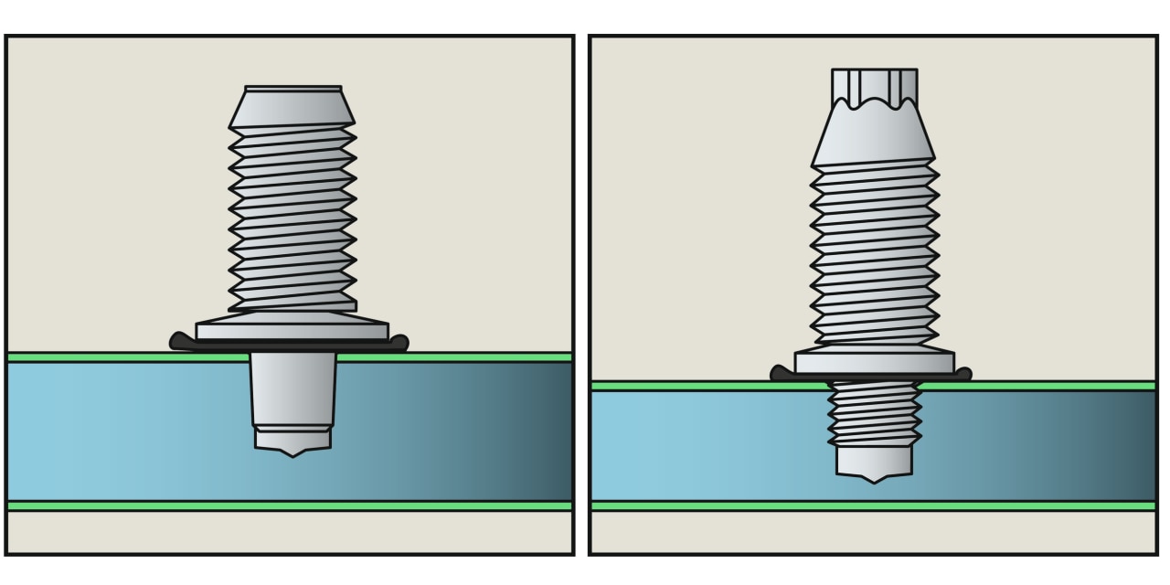 Diagram van een dwarsdoorsnede van staal met schroefbevestiging met een stompe punt