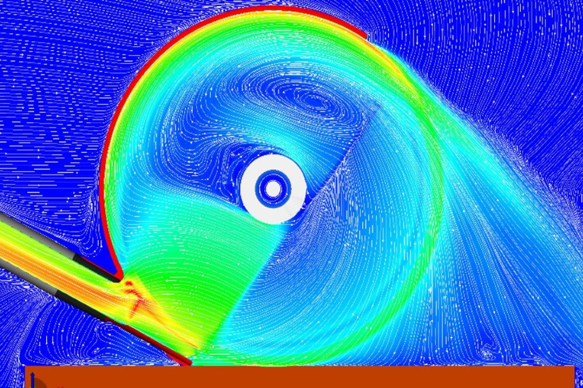 Afbeelding van de computationele vloeistofdynamica van een haakse slijper. 