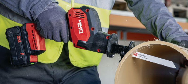 SR 4-22 Met één hand te bedienen reciprozaag Compacte, lichte, snoerloze, met één hand te bedienen en koolborstelloze reciprozaag voor gewone afbraak en snel, nauwkeurig snijden (Nuron accuplatform) Toepassingen 1