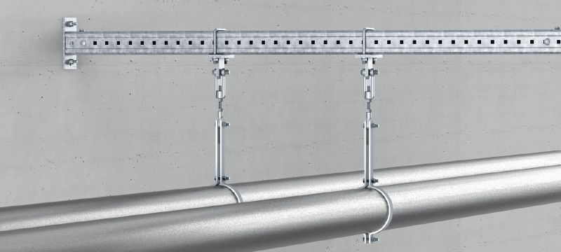 Accessoire de suspension pour tuyaux MIC-SPH Accessoire galvanisé à chaud (GAC) fixé sur les rails MI pour soutenir les tuyaux suspendus Applications 1