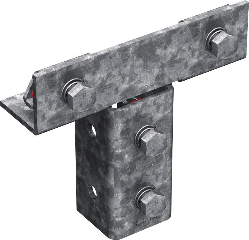 MT-C-T/2 FL OC Voorgemonteerde tee verbinder Node met voorgemonteerde Fast-Lock dop en bout voor het monteren van schoor kanalen in een T-vorm, voor buitengebruik met weinig vervuiling