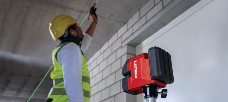 PM 20-CG 12V lood- en dwarslijnlaser Multilijnlaser met groene straal, met 2 lijnen en 5 punten voor sanitair, nivelleren, uitlijnen en vierkant maken (12V-accuplatform) Toepassingen 1