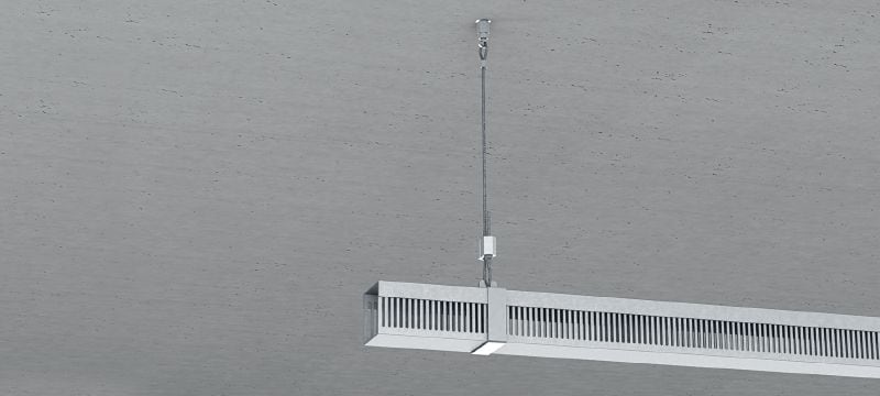 Kit MW-EB L kabelvergrendeling met kabel, oogbouteinde Kabel met voorgemonteerde draadoogbouten en verstelbare railvergrendeling voor ophangen van armaturen aan beton en staal Toepassingen 1